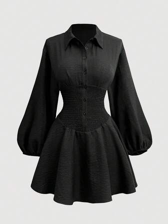 ドリスウエストシンチングAラインシルエットパフスリーブブラックシャツドレス、控えめ、秋、エレガントな日常着、結婚式ゲストドレス、秋冬、ホワイトパーティー、オールドマネースタイル、コートスタイル、新年の服装、オールブラック