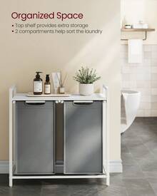 Laundry Basket, 2-Compartment Laundry Hamper, Pull-Out And Removable Liner Bags, Clothes Sorter, Shelf, Metal Frame, 2 X 46 L, 73 X 33 X 72 Cm, Slate Grey And Matte White - Light Grey - View 2