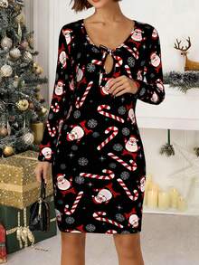 Damen Weihnachts-Muster Langarm Bodycon Minikleid - Taillengürtel Partykleid mit festlichem Blumenmuster, sexy figurbetontes Weihnachtskleid für Damen, perfekt für Weihnachtsfeierlichkeiten und Weihnachtsessen, lässige Herbstkleider für Damen, legere schwarze Kurzkleider für Frauen - Schwarz - Übersicht 2