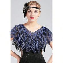 Shawl Wraps Sequin Beaded Evening Cape Bridal Shawl - Navy Blue - View 2