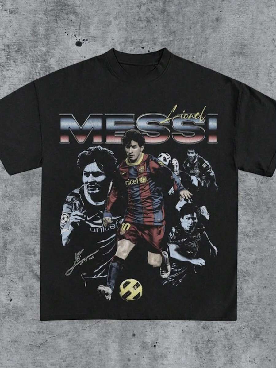 Vintage 90s LionelM Graphic Tee _ FC Barcelona Retro Soccer Shirt _ GOAT Football Vintage Tee - Black - View 1