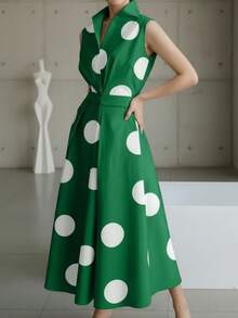 2025春秋新款休闲时尚通勤简约波点V领长款喇叭连衣裙，适合女性穿着，秋季，秋装，女士秋季连衣裙，女士秋季套装，秋季服装，商务休闲女装，商务休闲，复古女装，复古服装，商务休闲女装，女士办公室套装，女士职业装