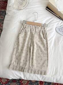 INS Baby Girls' Casual Ditsy Floral Ruched Flounce Corduroy Pants, Spring/Autumn - Apricot - View 7