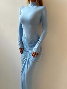 Solid Color Elegant Ruched Mock Neck Long Sleeve Bodycon Dress - Blue - View 1