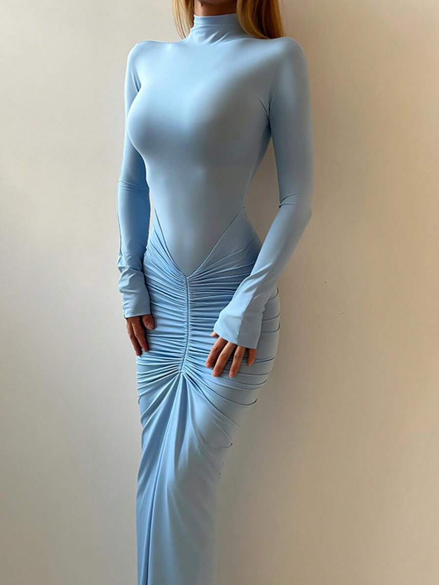 Solid Color Elegant Ruched Mock Neck Long Sleeve Bodycon Dress - Blue - View 1