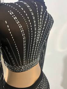 Women's Sexy 2 Pieces Dress Set Mesh Rhinestone Long Sleeve Crop T-Shirt +Bodycon Skirt Fashion Party Club Outfits