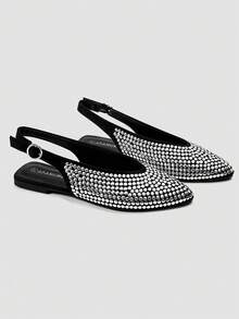 ADAMUMU New Women's High-End Pointed Toe Thin Strap Sandals, Heavily Embellished Glossy Slip-On Shoes, Versatile For Daily, Date, Party, Holiday - Black - View 5