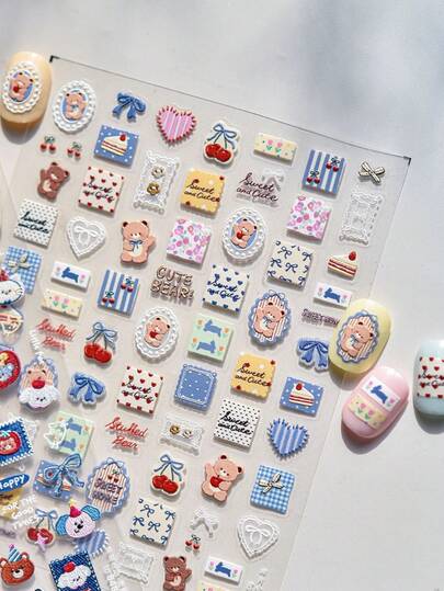 1pc Cute Cartoon Doodle Nail Art Stickers, Nail Accessories With Anime Bear, Puppy, Kitty, Bow Decor, 3D Nail Art Stickers Nails Nail Supplies