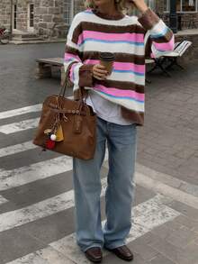 2025 Nuevo suéter casual de mujer de manga larga con cuello redondo, contraste de color a rayas, material de lana, Otoño/Invierno