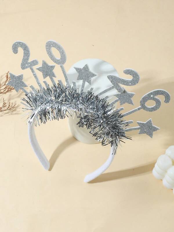 1pc Silver Glitter Star Streamer & 2026 Numeral Headband, New Year Party Decoration