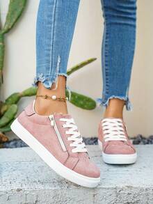 女士新款休闲户外舒适侧拉链运动鞋，正面系带圆头粉色布面低帮滑板鞋，平底休闲运动鞋 - 粉色 - 查看 5
