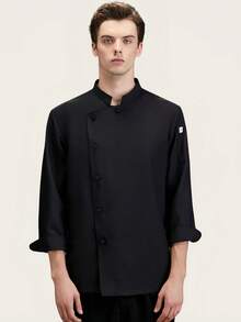 New Black Fashion Chef Uniform Unisex Long Sleeve, Suitable For Autumn/Winter, High-End Hotel, Restaurant, Cafe, Bakery, Flower Shop, Comfortable, Breathable, Stylish Stand Collar Design, Easy To Wear And Take Off, Exquisite Custom Buttons, Smooth Texture, Simple Cuff Design, Loose And Comfortable Fit, Free Movement - Black - View 1