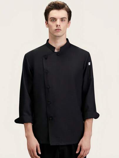 New Black Fashion Chef Uniform Unisex Long Sleeve, Suitable For Autumn/Winter, High-End Hotel, Restaurant, Cafe, Bakery, Flower Shop, Comfortable, Breathable, Stylish Stand Collar Design, Easy To Wear And Take Off, Exquisite Custom Buttons, Smooth Texture, Simple Cuff Design, Loose And Comfortable Fit, Free Movement