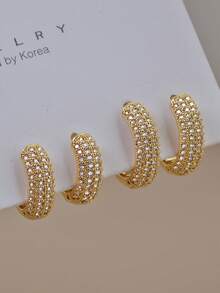 2件套精致闪亮耳环叠戴套装，18K镀金耳环，4排锆石圆形耳环，铜质耳骨环，耳垂上部耳环，可叠戴，不易褪色，低过敏性，厚实小巧的金耳环，适合女性佩戴，旅行简约风格，唇钉穿孔，婚礼金耳环叠戴套装，时尚配饰，女士珠宝 - 一對四排鋯石耳圈 - 查看 3