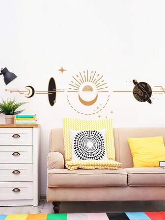 1 pieza Adhesivo de pared con diseño místico de sol y luna - Adhesivo de PVC autoadhesivo, impermeable y removible con diseño geométrico celestial de fases lunares, decoración artística y personalizada para el dormitorio y la sala de estar del hogar, decoración lunar, para hacer que la decoración de la habitación sea talla grande interesante