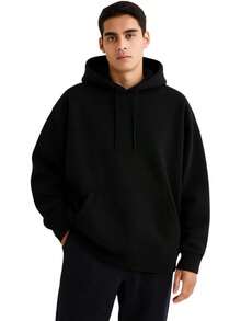 Men Oversized Pullover Drop Shoulder Hoodie Heavyweight CVC Fleece Kangaroo Pocket Relaxed Fit Sweatshirt Blanks - 黑色 - 查看 1