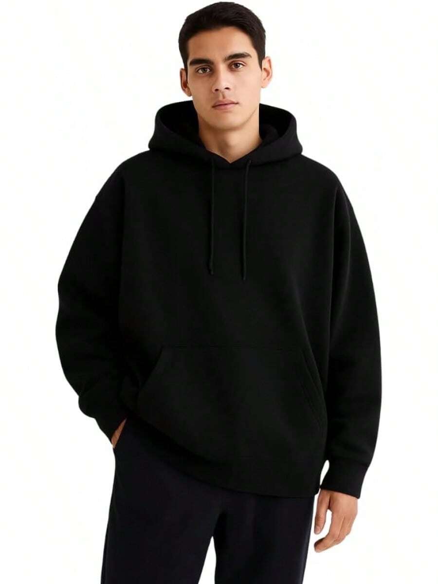 Men Oversized Pullover Drop Shoulder Hoodie Heavyweight CVC Fleece Kangaroo Pocket Relaxed Fit Sweatshirt Blanks - 黑色 - 查看 1