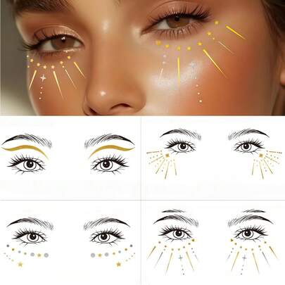 4 hojas de pegatinas de sombra de ojos doradas - Sombras de ojos con purpurina adhesivas, tatuajes temporales a prueba de agua para maquillaje de festival, boda, Día de la Madre, Pascua y fiestas