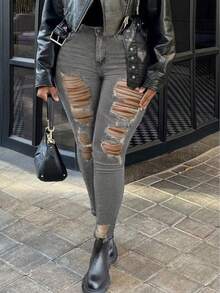 Jeans de mamá de unicolor, con efecto rasgado, de talla grande para mujer, de corte skinny, con control de abdomen y elásticos, para uso casual - Gris - Ver 3