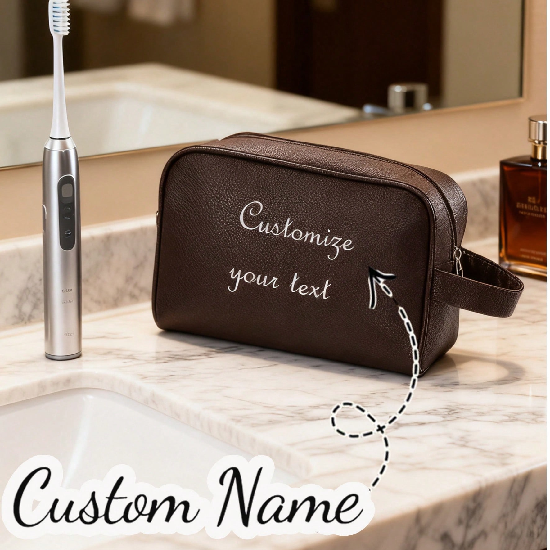 1pc Personalized Men's PU Makeup Bag, Can Be Customized With Name, Multi-Functional Waterproof Cosmetic Bag With Towel And Toothbrush Holder, Customizable Name Or Letter, Large Capacity Men's Travel Makeup Bag, Customized Fashion Handbag, Engraved Men's Business Travel Zipper Toiletry Bag, Personalized Men's Makeup Bag, Customized, Personalized, Unique, Exclusive, Gift For Girlfriend, Boyfriend, Family, Friends, Suitable For Outdoor/Picnic/Travel/Hiking/Sports Field/Exercise/Climbing