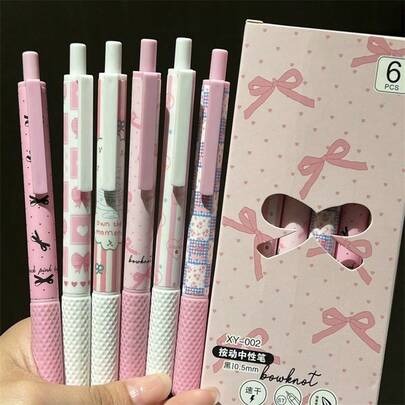 1/6pcs Pink Bow Gel Pens, 0.5mm Fine Tip, Smooth Writing, Suitable For Office, School, Teens, Adults, Families, Exams, Holidays, Stationery Gifts, Classroom Supplies, Valentine's Day Gifts, Ballpoint Pens, Fountain Pens, Stationery, Bows, Back To School