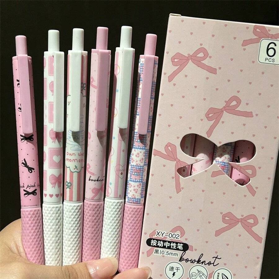 1/6pcs Pink Bow Gel Pens, 0.5mm Fine Tip, Smooth Writing, Suitable For Office, School, Teens, Adults, Families, Exams, Holidays, Stationery Gifts, Classroom Supplies, Valentine's Day Gifts, Ballpoint Pens, Fountain Pens, Stationery, Bows, Back To School - Pink - View 1