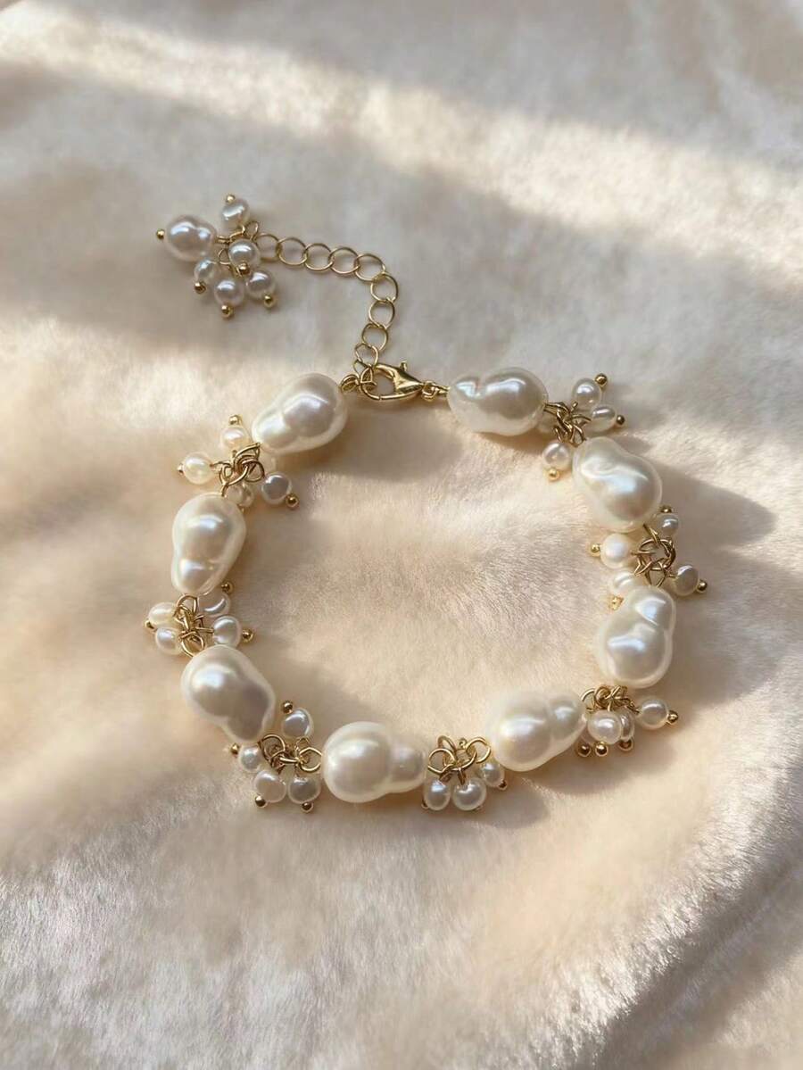 1pc Fashionable & Elegant Layered Asymmetrical Pearl Bracelet, Luxury Unique Design Gift