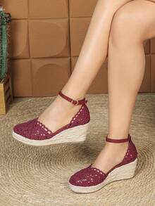Women's Linen Rope Platform Lace Slip-On Hollow Out Round Toe Casual Sandals, Breathable Chunky High Heel Woven Fisherman Sandals - Burgundy - View 13