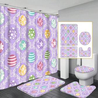 Valentine's Day Easter Egg 1/4pcs Shower Curtain Set, Modern Style Bathroom Decoration, Waterproof Fabric Shower Curtain Set With 12 Hooks, Non-Slip Bathroom Rug, U-Shaped Toilet Mat, Toilet Seat Cover, Ideal For Family Gifts