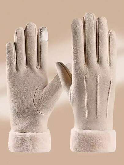 1双米色加厚保暖触屏手套，秋冬季