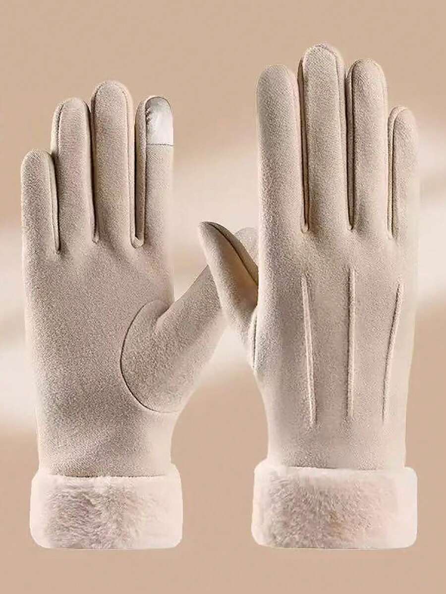 1双米色加厚保暖触屏手套，秋冬季 - 米色 - 查看 1