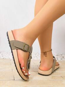1 Pair Solid Color Elegant Casual Slip-On Flat Sandals, Suitable For Outdoor And Indoor Wear In Summer - Khaki - View 5