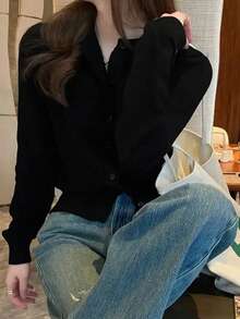 Women's Solid Color Round Neck Loose Embroidered Front Button Casual Cardigan, Autumn/Winter - Black - View 3