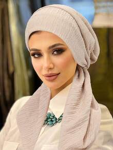 1 pieza Nuevo pañuelo musulmán de doble capa con cola arrugada, gorro turbante de unicolor para mujer - color - Ver 5