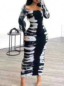 Spring And Summer Elegant Long-Sleeved Ankle-Length Tie-Dye Contrasting-Color Print Tight-Fitting Dress, Sexy Tight-Fitting Figure-Hugging Long Dress For Women - màu đen - Xem 1