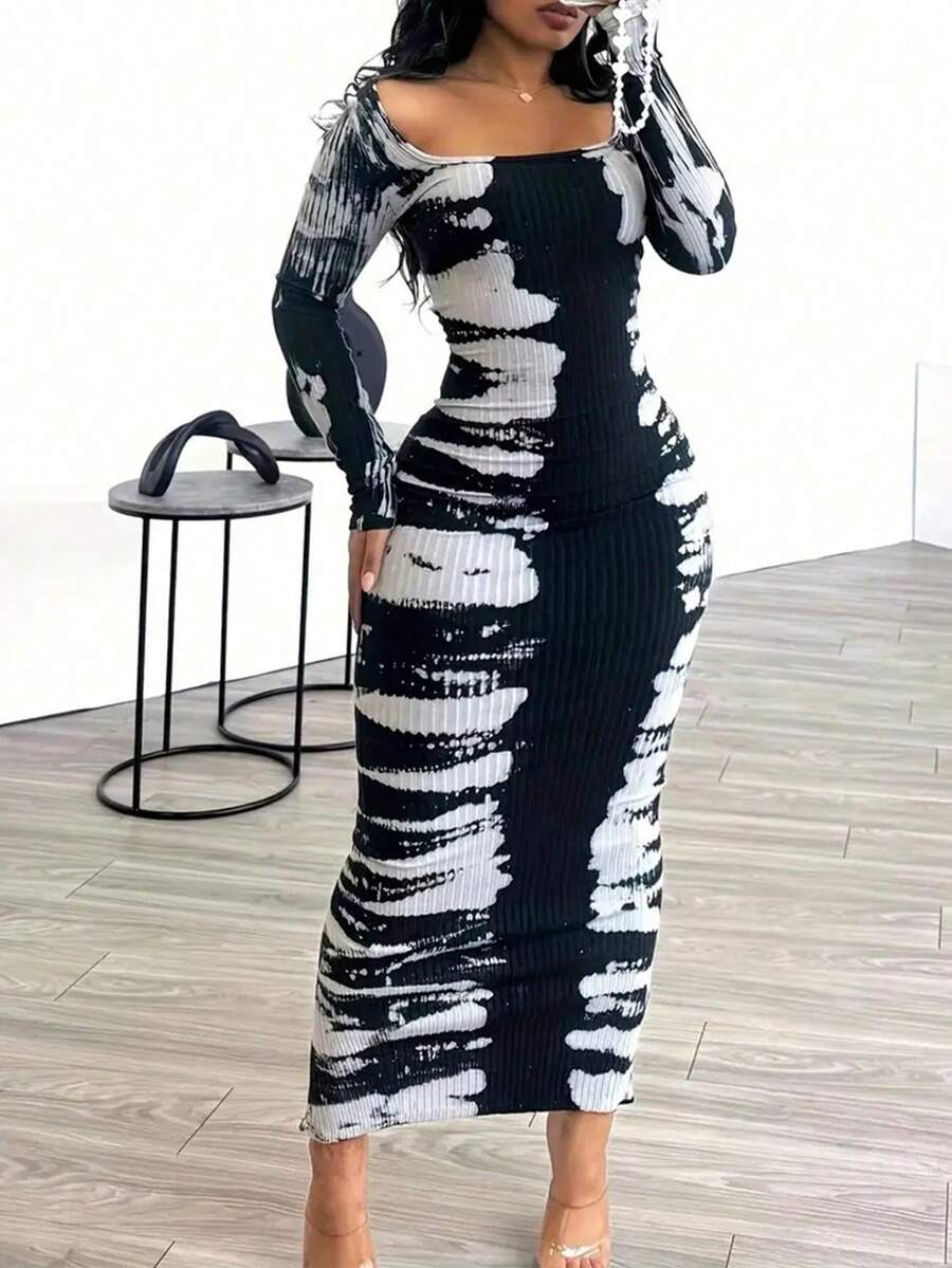 Spring And Summer Elegant Long-Sleeved Ankle-Length Tie-Dye Contrasting-Color Print Tight-Fitting Dress, Sexy Tight-Fitting Figure-Hugging Long Dress For Women - màu đen - Xem 1