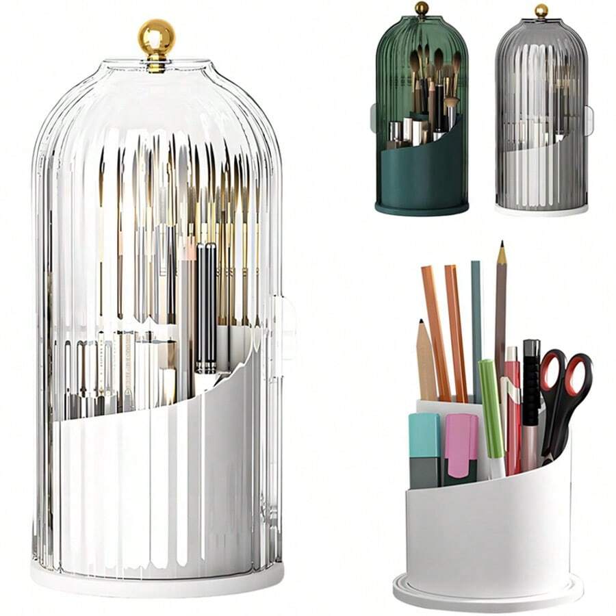 Makeup Brush Holder With 360 Degree Rotating Transparent Dust-Proof Cover, Suitable For Dressing Area Bathroom Countertops, Dressing Table Storage Boxes, 3 Slots Of Different Heights, Very Suitable For Bathrooms, Makeup And Travel. - trắng - Xem 1