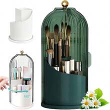 Makeup Brush Holder With 360 Degree Rotating Transparent Dust-Proof Cover, Suitable For Dressing Area Bathroom Countertops, Dressing Table Storage Boxes, 3 Slots Of Different Heights, Very Suitable For Bathrooms, Makeup And Travel. - 綠色 - 查看 8