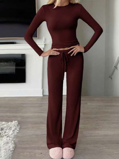 GAOVOT 女士两件套春夏 Y2K 运动休闲家居纯色修身长袖T恤和抽绳长裤套装