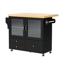 Mobile Kücheninsel Mit Rollen And Ausziehbarem Esstisch, Küchenwagen Mit Weinglashalter Und Stauraum, Ideal Für Küche Und Esszimmer (Weiß) - Black+Natural + MDF - View 1