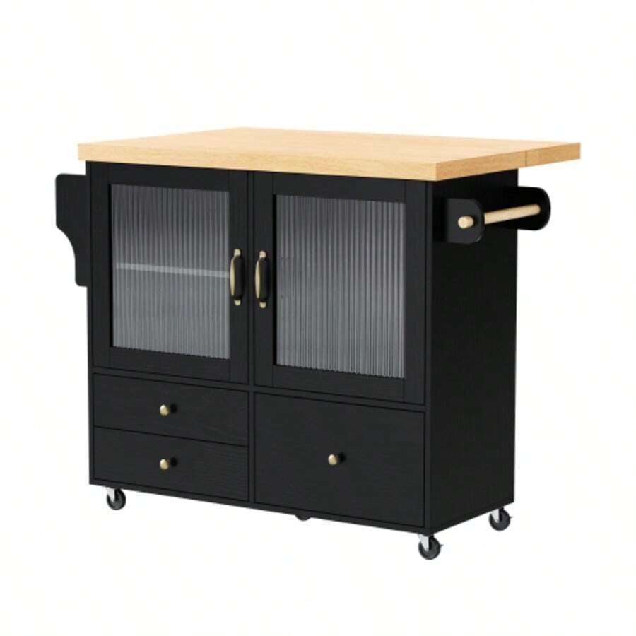 Mobile Kücheninsel Mit Rollen And Ausziehbarem Esstisch, Küchenwagen Mit Weinglashalter Und Stauraum, Ideal Für Küche Und Esszimmer (Weiß) - Black+Natural + MDF - View 1