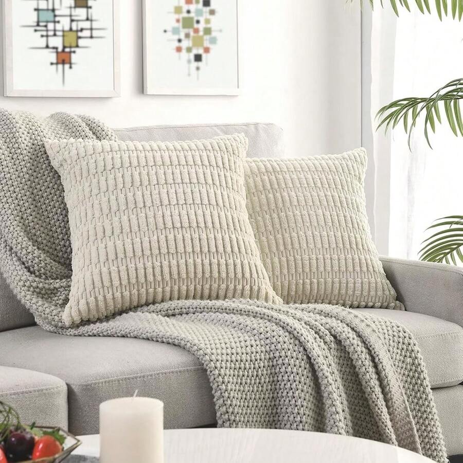 Volcanics Pack Of 2 Cream Decorative Throw Pillow Covers 18x18 Inch, Soft Corduroy Striped Square Cushion Cases, Modern Farmhouse Boho Home Decor For Spring Couch Bed Sofa Living Room,18inchx18inch(Packof2),Cream - Cream - 查看 1