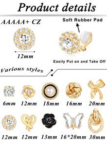 10 đôi bông tai kẹp hình bướm/hoa/nơ sang trọng, thời trang, chất liệu đá Cubic Zirconia cao cấp AAA+ và ngọc trai giả, phù hợp cho nữ giới - Thích hợp để đeo hàng ngày, dự tiệc và làm quà tặng ngày lễ. - Vàng - Xem 10