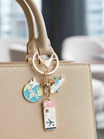 1 pieza Elegante llavero de viaje con lazo rosa de moda, etiqueta de equipaje con gota de aceite, decoración de pasaporte, torre, accesorio para bolso de mujer, decoración de maleta, accesorio para bolso de hombro, accesorio multifuncional para bolso, decoración de coche, estilo gótico lindo Y2K, regalo de vacaciones