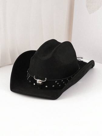 1顶男女通用西部牛仔帽，PU皮革材质，配金属铆钉腰带，适合派对、西部主题活动、聚会、角色扮演、毕业典礼、化装舞会、节日、音乐节等场合。