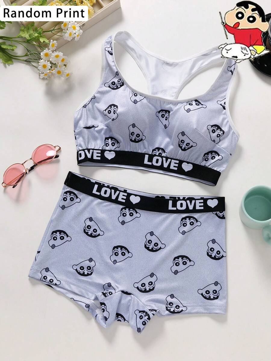 2件套露背蜡笔小新和牛奶印花无钢圈文胸套装，丝滑柔软吊带背心