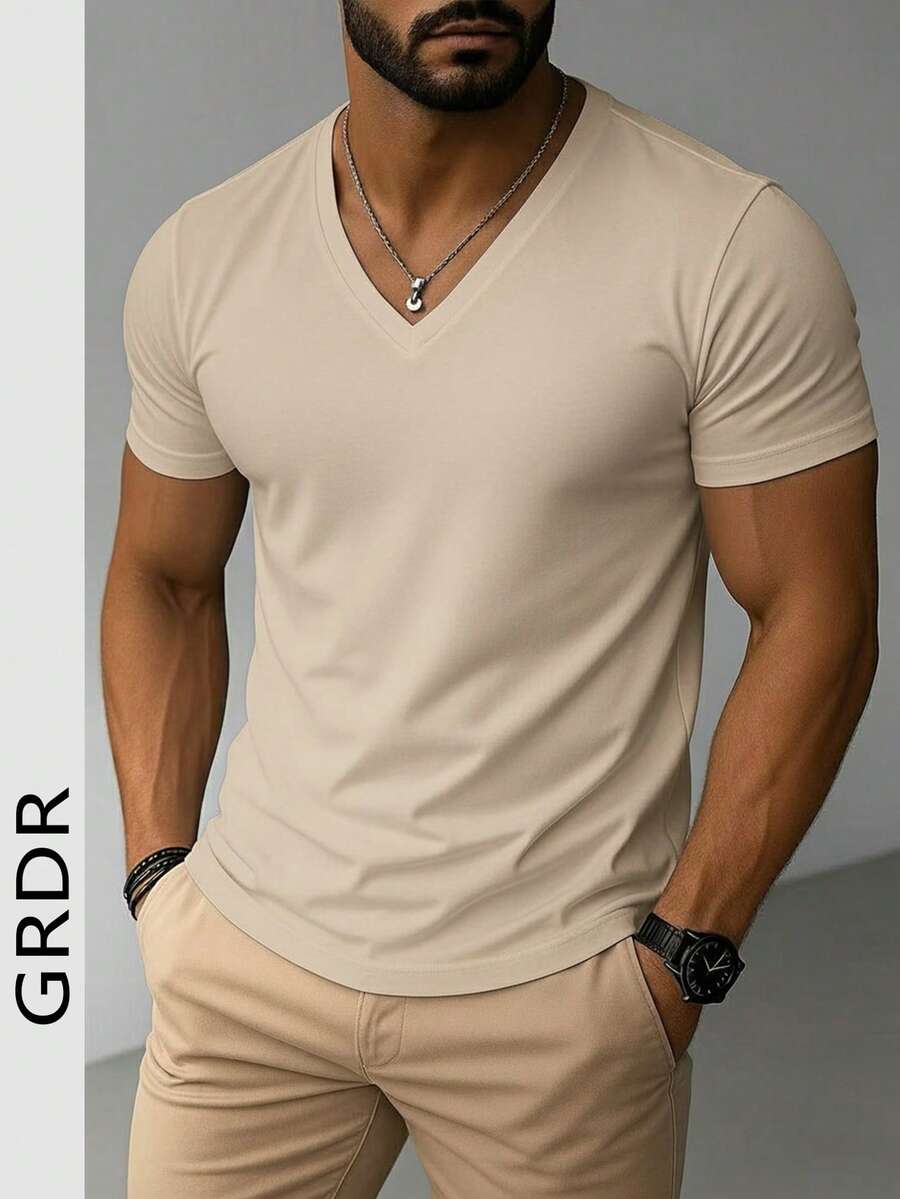 GRDR Men's V-Neck Short Sleeve T-Shirt, Suitable For Outdoor Casual Wear - Apricot - View 1