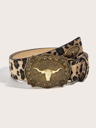 1条男士复古牛头扣皮带，经典豹纹PU皮革时尚配饰，西部风格休闲腰带