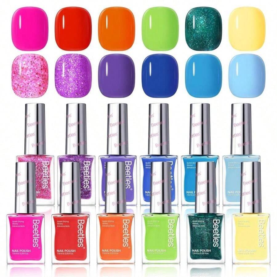 Beetles Quick Dry Neon Nail Polish Set - Glitter Rainbow Nail Polish Set 12 Colors Regular Air Dry Fingernail Polishs Pack For DIY Nail Art Salon Home Women Christmas Gift - MàuF - Xem 1