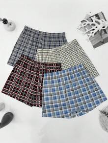 4件套男士格子印花宽松舒适睡衣短裤，透气弹力腰带平角内裤，多色组合 - 彩色 - 查看 3